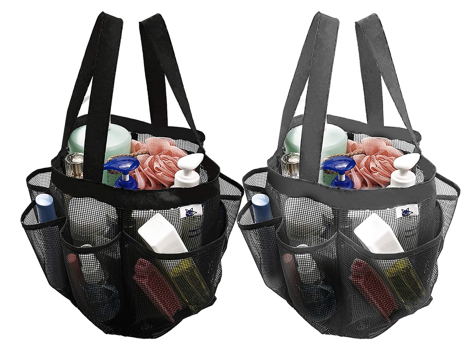 SUPNFOX 2 Pack Quick Dry Mesh Shower Bag, Portable 8 Pockets Bath Organiser Shower Caddy Tote with 2 Handles Hanging for Beach Camping Gym Dorm Bathroom and Travel - Gray&Black