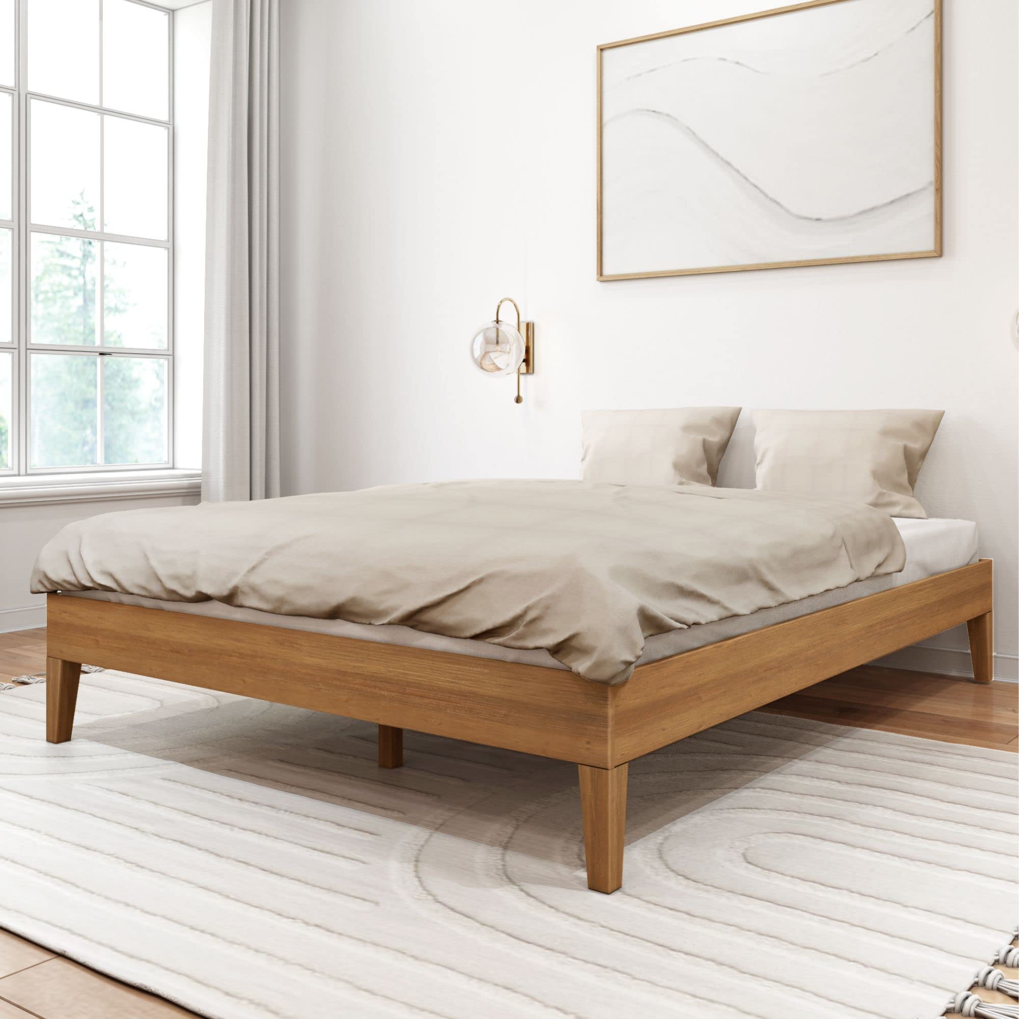 Photo 1 of Plank+Beam Solid Wood Platform Bed Frame, Strong Wood Slat Support, No Box Spring Needed, Easy Assembly, Pecan, Queen