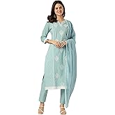 Janasya Indian Women's Cotton Blue Embroidered Casual Wear Kurta Set for Women
