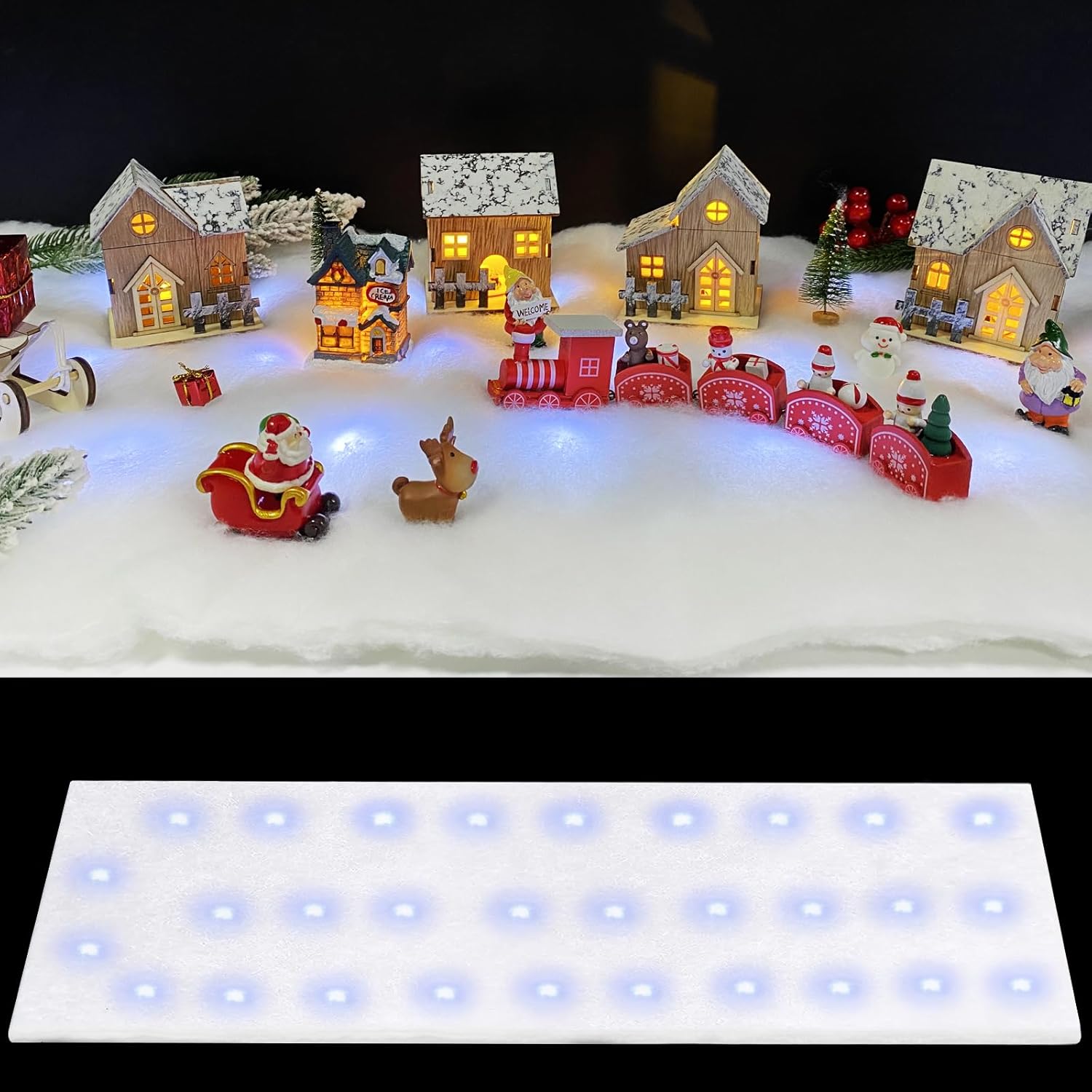 Artificial Snow - Christmas Snow Blanket with Lights, 1.3*5.25 Ft Fake Snow Blanket Roll for Xmas Village, 50 pcs Led Lights Artificial Snow Table Runner Faux Snow Sheet for Winter Village Display Craft (Cool Light)