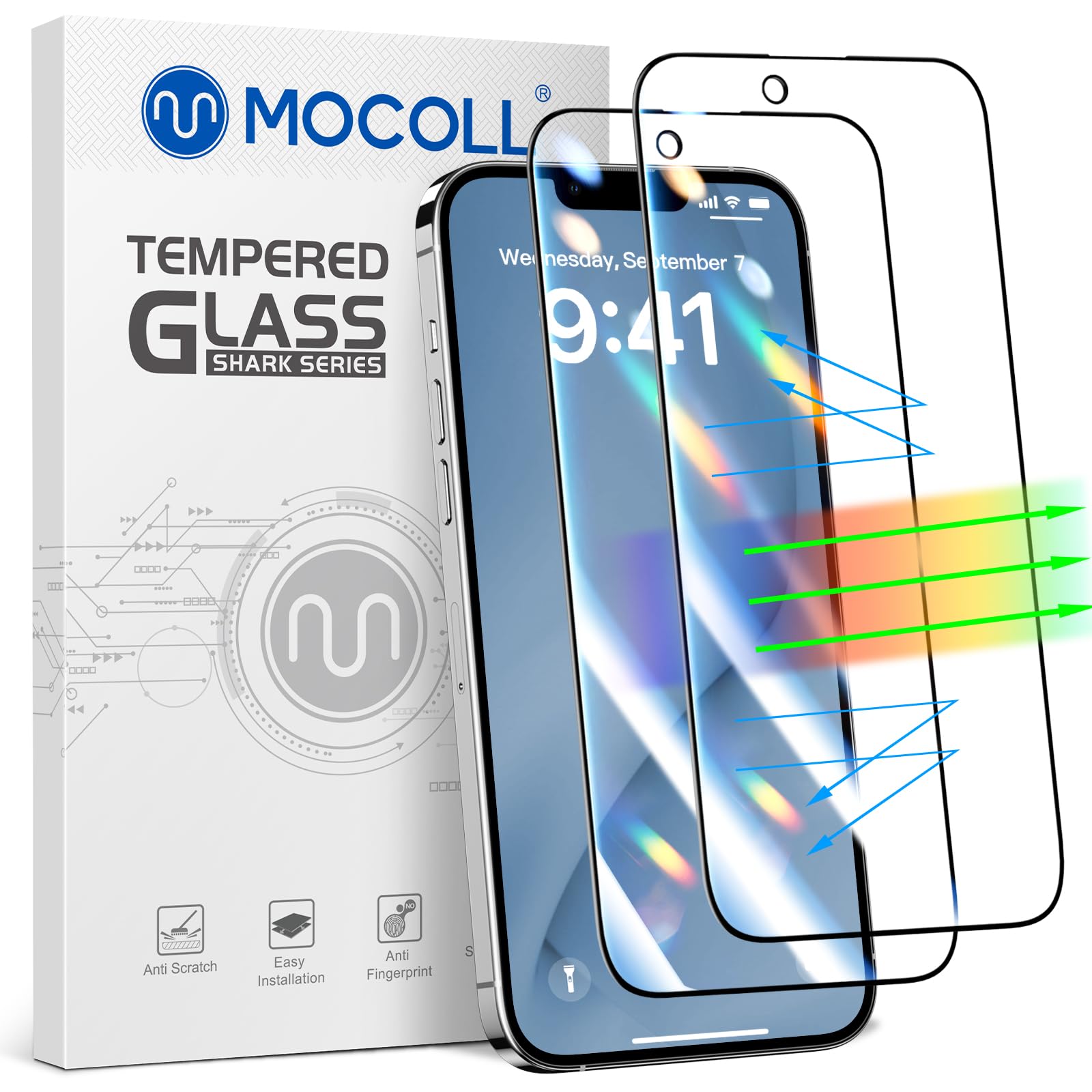 Photo 1 of MOCOLL 2PCS for iPhone 14 Plus Screen Protector 6.7 inch Anti Blue Light HD Clear Full Screen Film Eye Protection Easy to Install 9H Hardness Anti-scratch Bubble-free Tempered Glass
