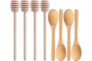 CJFOCUS 8 Pack Honey Sticks Dipper Set, 6 Inch Honeycomb Stirrer 4 Pcs with Bamboo Honey Spoons 4 Pcs, Mini Wooden Wand for Dispense Jar Drizzle and Wedding Party Decor Favors Gift