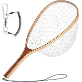 Wooden Fly Fishing Landing Net with Clear Soft Rubber Mesh | Floating Trout Net, Magnetic Quick Release Buckle, Anti-Loss Rope, 10.4 x 15 in Hoop, 23.6 in Length, 0.75 lb