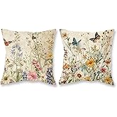 TAJWE Spring Floral Pillow Covers 18x18 Inch Set of 2 Wild Flowers Plant Butterfly Decorative Pillowcases Farmhouse Summer Seasonal Cushion Cases for Sofa Couch Home Decor