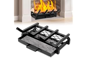 IGOHEALS Small Fireplace Grate 14 Inch - Wood Stove Fireplace Log Grates with Ember & Ash Trays Pan, Inside Outdoor Heavy Duty Wrought Cast Iron Rack Holder for Indoor Outdoor Chimney Hearth