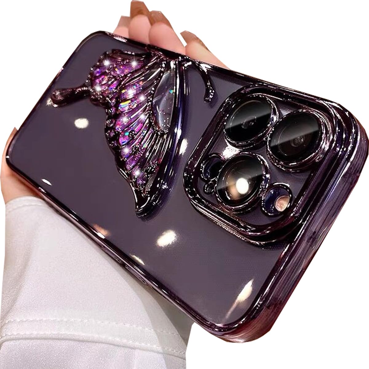 Photo 1 of Changjia for iPhone 15 Pro Max Glitter 3D Butterfly Case, Cute Luxury Bling Sparkle Liquid Flowing Case with Camera Lens Protector Plating Bumper Women Girls Cover for iPhone 15 Pro Max 6.7" (Purple)
