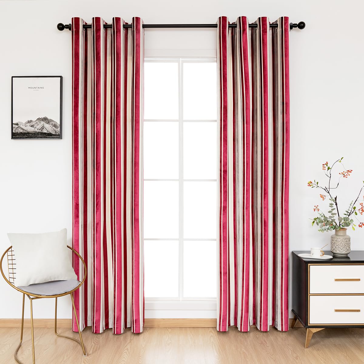 Pikiuche Velvet Curtains - 54 Inch Length, Elegant Eyelet Curtains with Thermal Insulation for Living Room, Vintage Striped Velvet Drapes with Grommet Top for Bedroom, 54 x 54 Inch, 2 Panels Set, Red