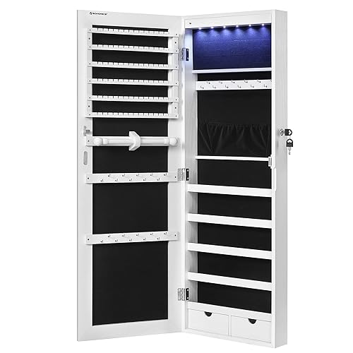 SONGMICS Frameless Mirrored Jewellery Cabinet Armoire, 6 LEDs Jewellery Organiser Wall Hanging or Door Mounted, Large Capacity with 2 Drawers, White JJC99WT