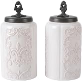 American Atelier Floral Ceramic Kitchen Canister Set w/Clamp Lid White 2 PC | Antique Earthenware Food Storage Containers for Kitchen Counter Countertop Pantry Organization Coffee Tea Sugar Flour Rice