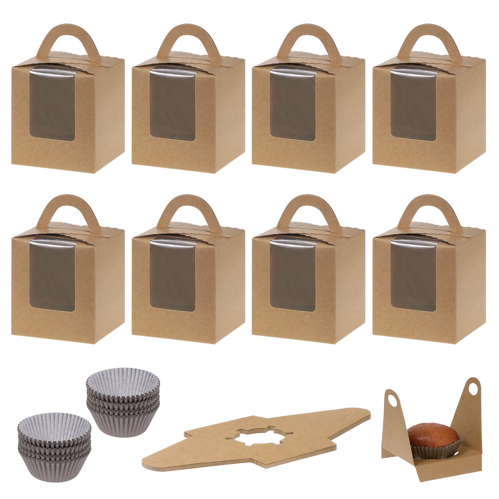Coolty 50pcs Cupcake Boxes 1 Hole Cardboard Packaging Boxes Bakery Pastry Boxes with 100pcs Cupcake Cases for Cookies Muffins Cupcakes Desserts Pies (Brown)