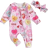 Lamuusaa Newborn Baby Girl Valentines Day Outfit Heart Long Sleeve Romper Zipper Bodysuit Jumpsuit with Headband