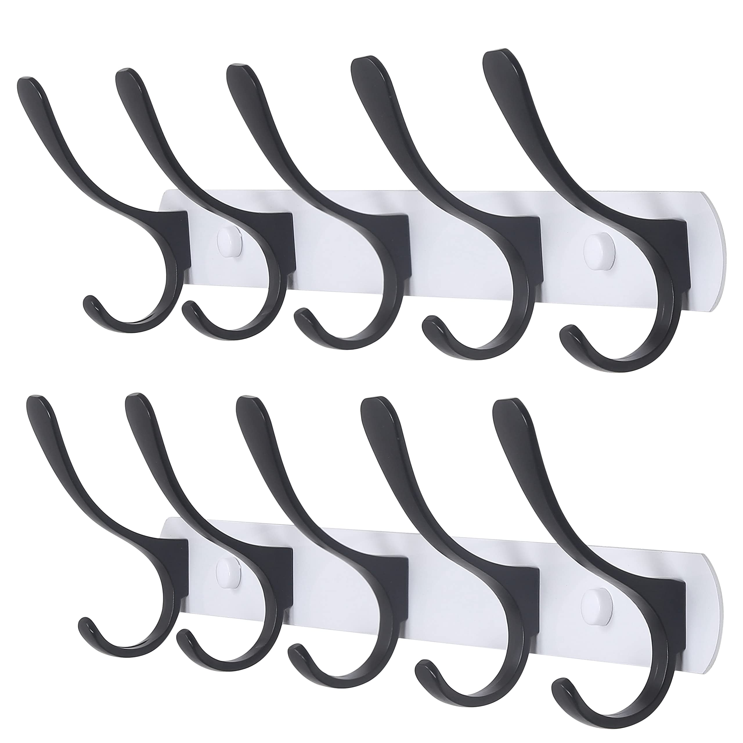 SKOLOO Coat Rack Wall Mount - Modern, Metal Wall Coat Rack with 5 Hooks, Pack of 2, Sturdy Wall Hook Rack Rail for Hanging Coat, Jacket, Clothes, Hat, Black on White