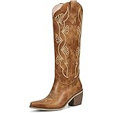 wetkiss Cowboy Boots for Women Knee High Womens Cowgirl Tall Boots with Side Zipper Snip Toe Comfortable Chunky Middle Heel Western Embroidery Boot for Wedding Country Concert Traveling Daily Outfits