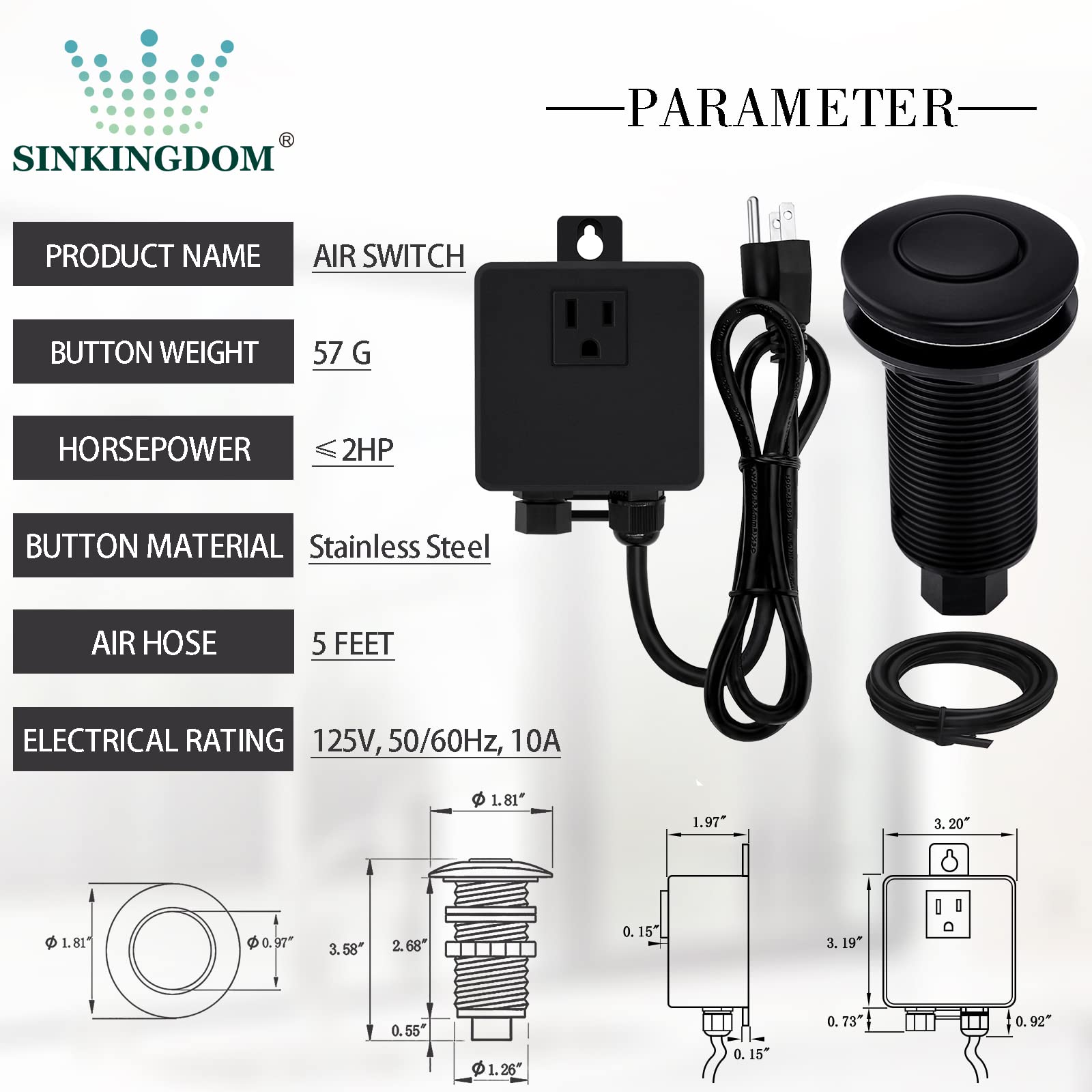 Garbage Disposal SinkTop Air Switch Kit with Long Button,Brass Made Cover,UL,Matte Black