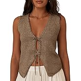 Women Sleeveless Knit Vest Top V Neck Open Front Tie Up Crochet Crop Top Casual Vintage Y2k Sweater