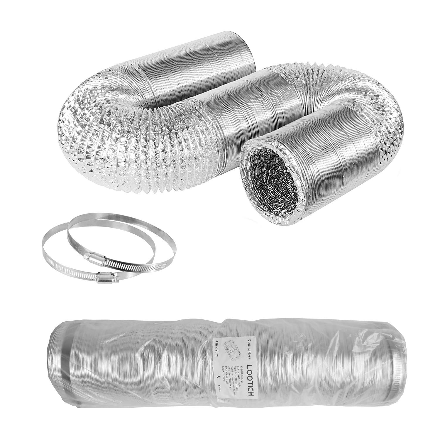 LOOTICH Sturdy 4 Inch 25 Feet Non-Insulated Flex Air Aluminum Ducting Vent Hose for HVAC Ventilation with 2 Stainless Steel Clamps