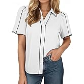 Tankaneo Womens Puff Short Sleeve Button Down Shirts Summer V Neck Color Block Tops Dressy Casual Blouse