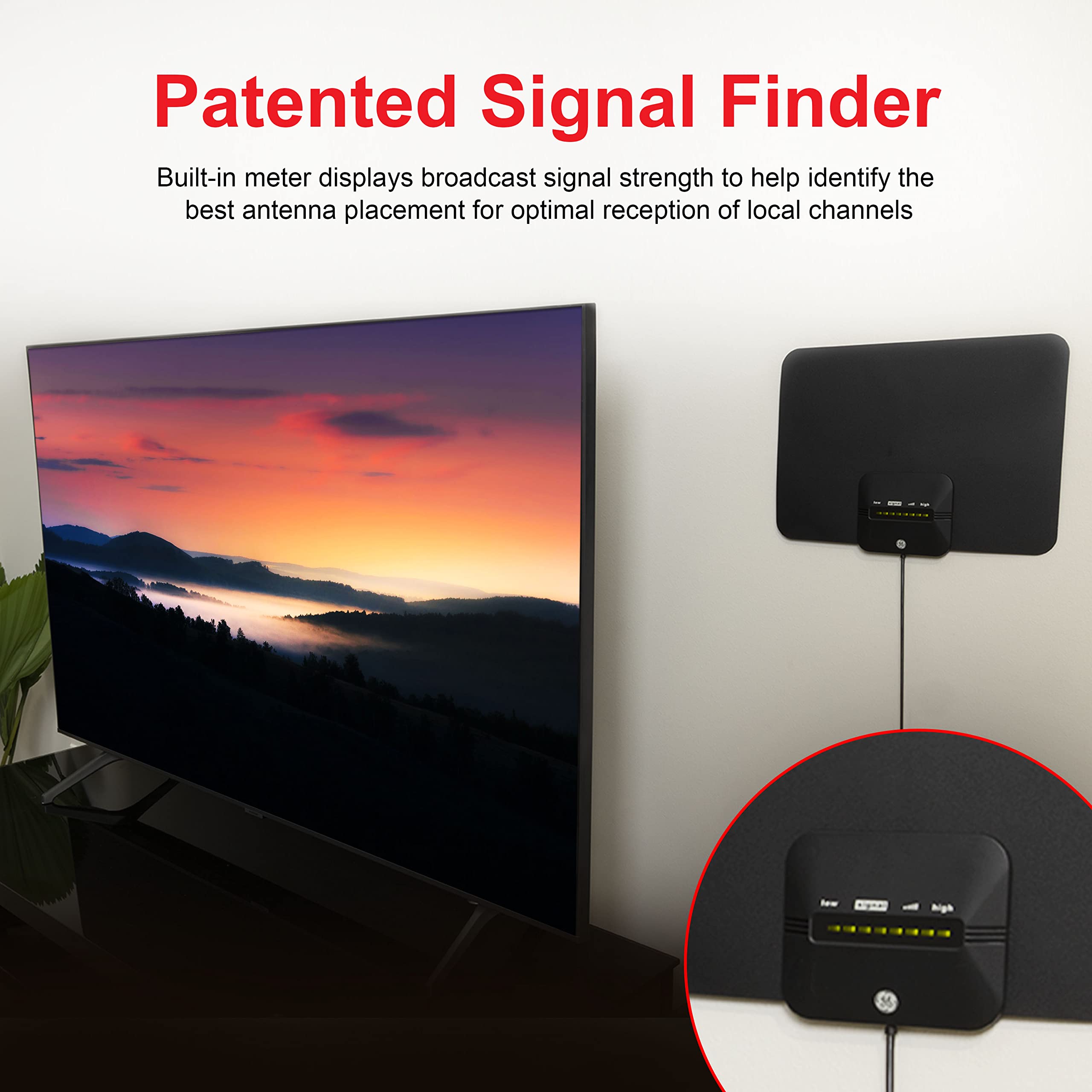 GE Ultra Edge Amplified HD Digital TV Antenna, Long Range Smart TV Antenna, Supports 4K 1080P HD Smart TV VHF UHF, Amplifier Signal Booster with Signal Finder, 10ft Coax HDTV Cable/AC Adapter, 58403