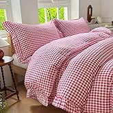 NSNLGSGC Red Gingham Ruffle Duvet Cover Queen Size, 3 Pieces Soft Pre-Washed Microfiber Checked Plaid Comforter Cover Set, Vintage Farmhouse Bedding Set(Red Gingham, Queen 90"x90")