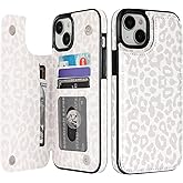 HAOPINSH iPhone 15 Plus Case Wallet - Flip Folio PU Leather Kickstand Card Slots Case for Women Girls, Double Magnetic Clasp, White Leopard Cheetah Pattern, 6.7
