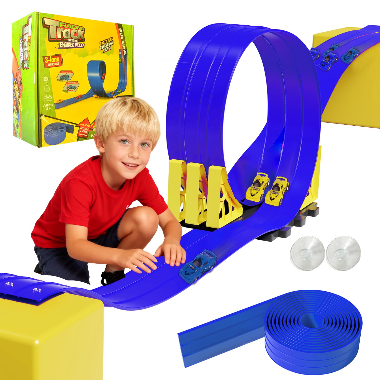 Photo 1 of 16.5ft Build Anywhere Portable Race Track with Suction Cups - Flexible Roll-Up Design Fits 1/64 Scale Cars, Portable Toy Gift for Kids 4+ Year Old (3 Tracks/Blue)