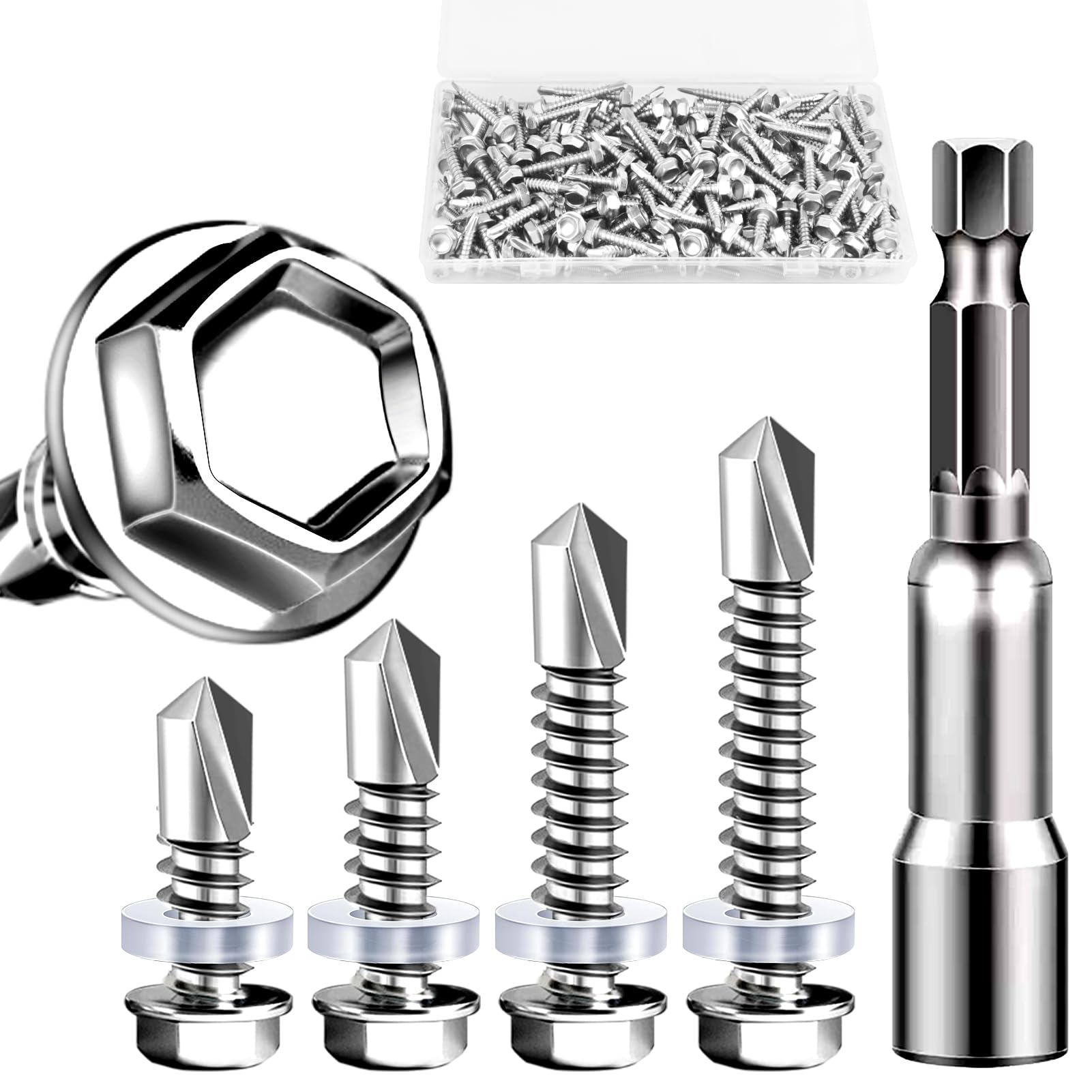 Self-Tapping Screws Set M4.8 x 16/19/25/32 mm Trapezoidal Sheet Metal Screws Silver Tapping Screws Drilling Screws Stainless Steel for Steel Sheet Metal Roof Pack of 121
