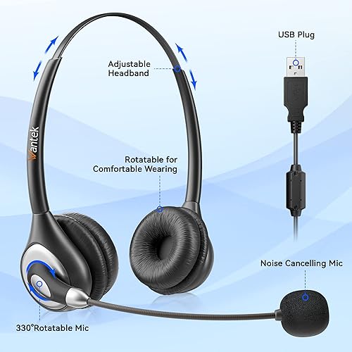 Wantek USB Headset with Microphone Noise Cancelling in-line Controls,  Computer Headset for Laptop PC Call Ce