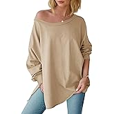 Tankaneo Womens Oversized Off The Shoulder Tops Long Sleeve Trendy Casual T-Shirts Side Slit Loose Fit Tunic Shirts