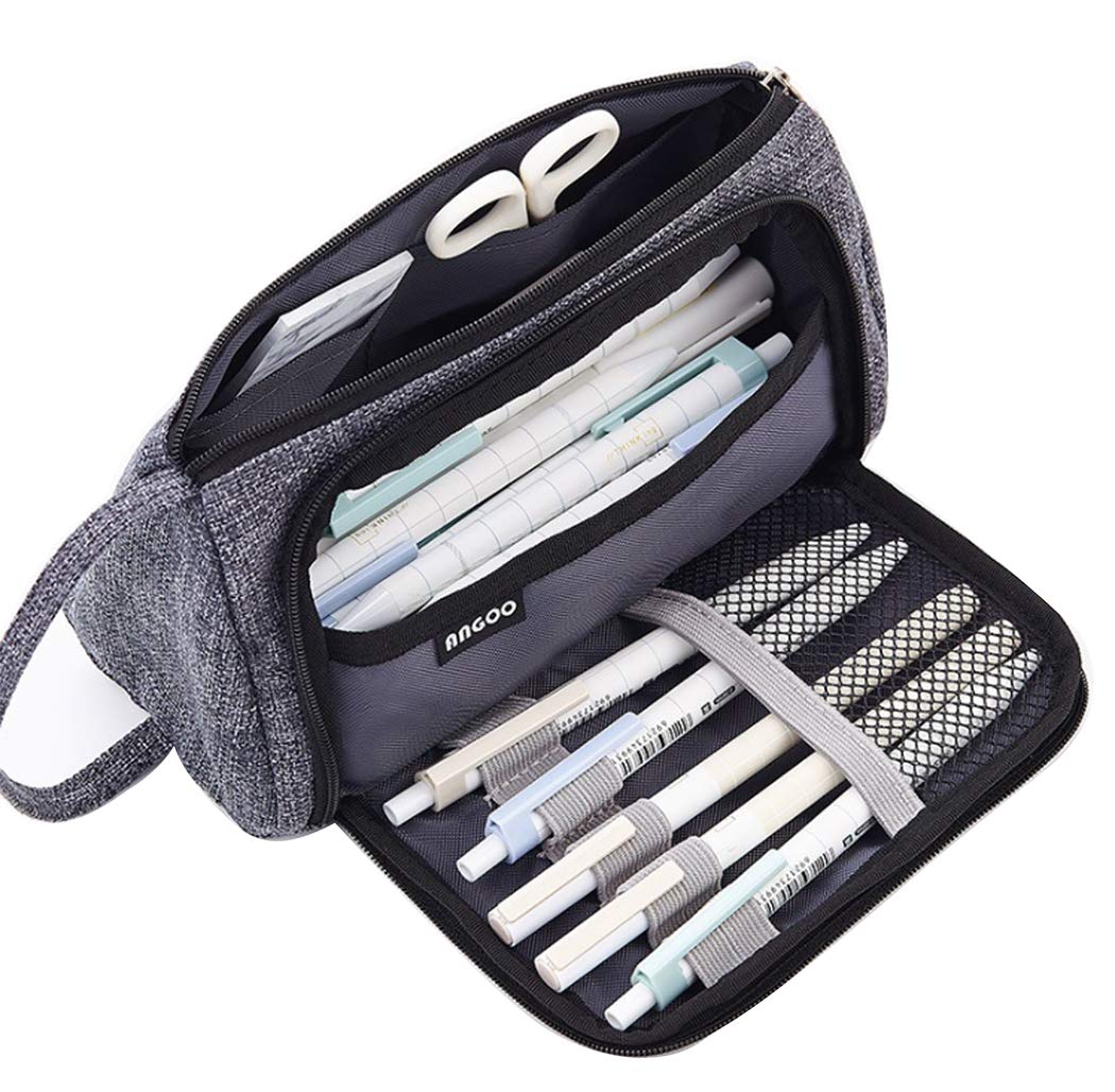 Hillento Large Capacity Colored Canvas Storage Pouch Marker Pen Pencil Case, Pen Organizer with Color Zipper, Two Different Open Method, School and Office Supplies, Grey