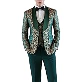 UNINUKOO Men’s Suit Dress Tuxedo 3 Piece Slim Fit Floral Wedding Party Print Lightweight Blazer Vest and Pants Set