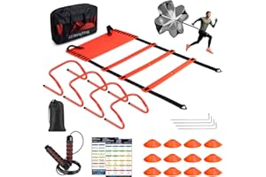 Agility Speed Training Equipment Set – 20ft Speed Ladder, 4 Adjustable Hurdles, 12 Cones, Jump Rope & Resistance Parachute Sp