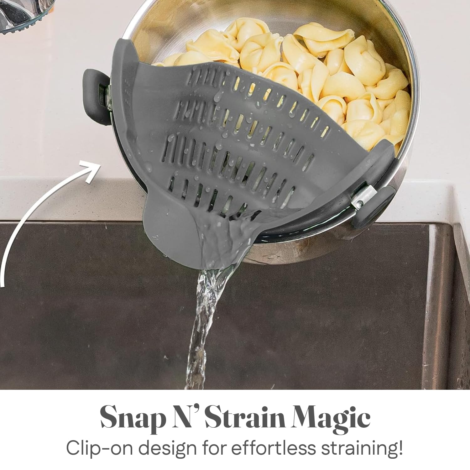 Kitchen Gizmo Snap N' Strain - Silicone Pasta Strainer Clip-On for Pots and Pans - Heat Resistant Colander for Vegetables and Noodles - Kitchen Gadgets for Cooking - Space-Saving Design - Gray