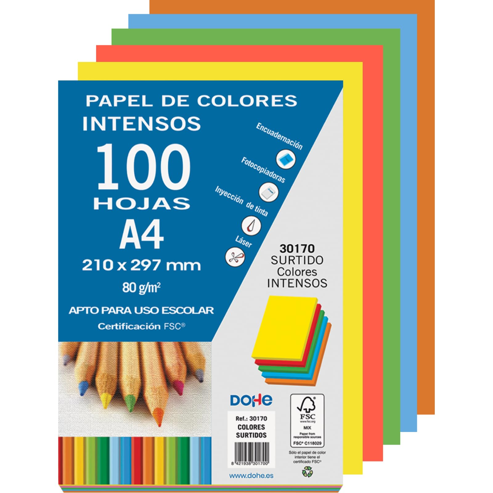 Dohe - Pack of 100 Sheets of Coloured Paper, 80 g, A4, Bright - FSC Mix AEN-COC-000243