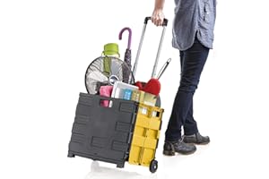 Inspired Living Ultra-Slim Rolling Collapsible Storage Pack-N-Roll Utility-carts, with Telescopic Handle, for Home, Garden, Shopping, Office, School use, Medium, Yellow & Black