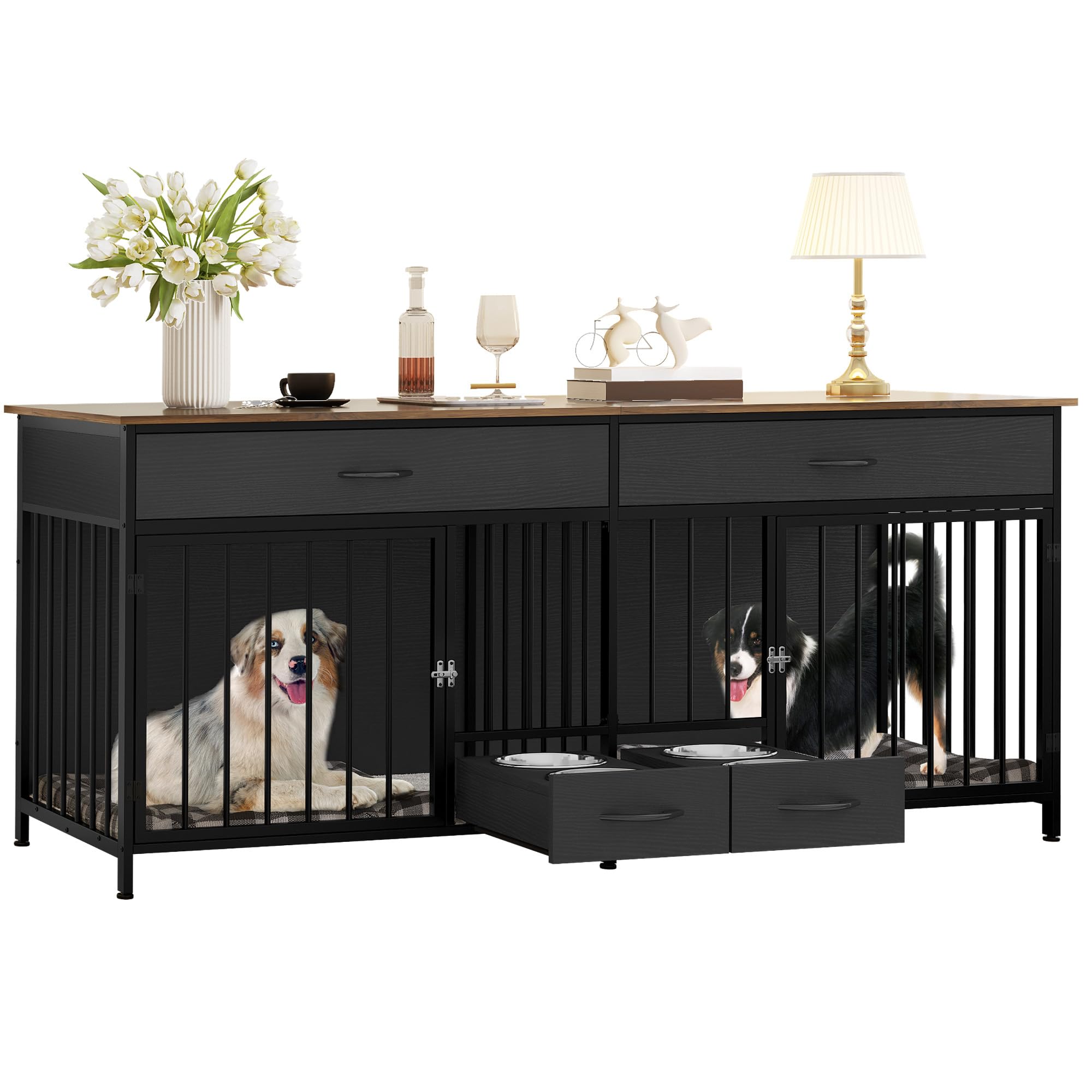 Picture of YITAHOME Double Dog Crate Furniture with Feeder, 74.8