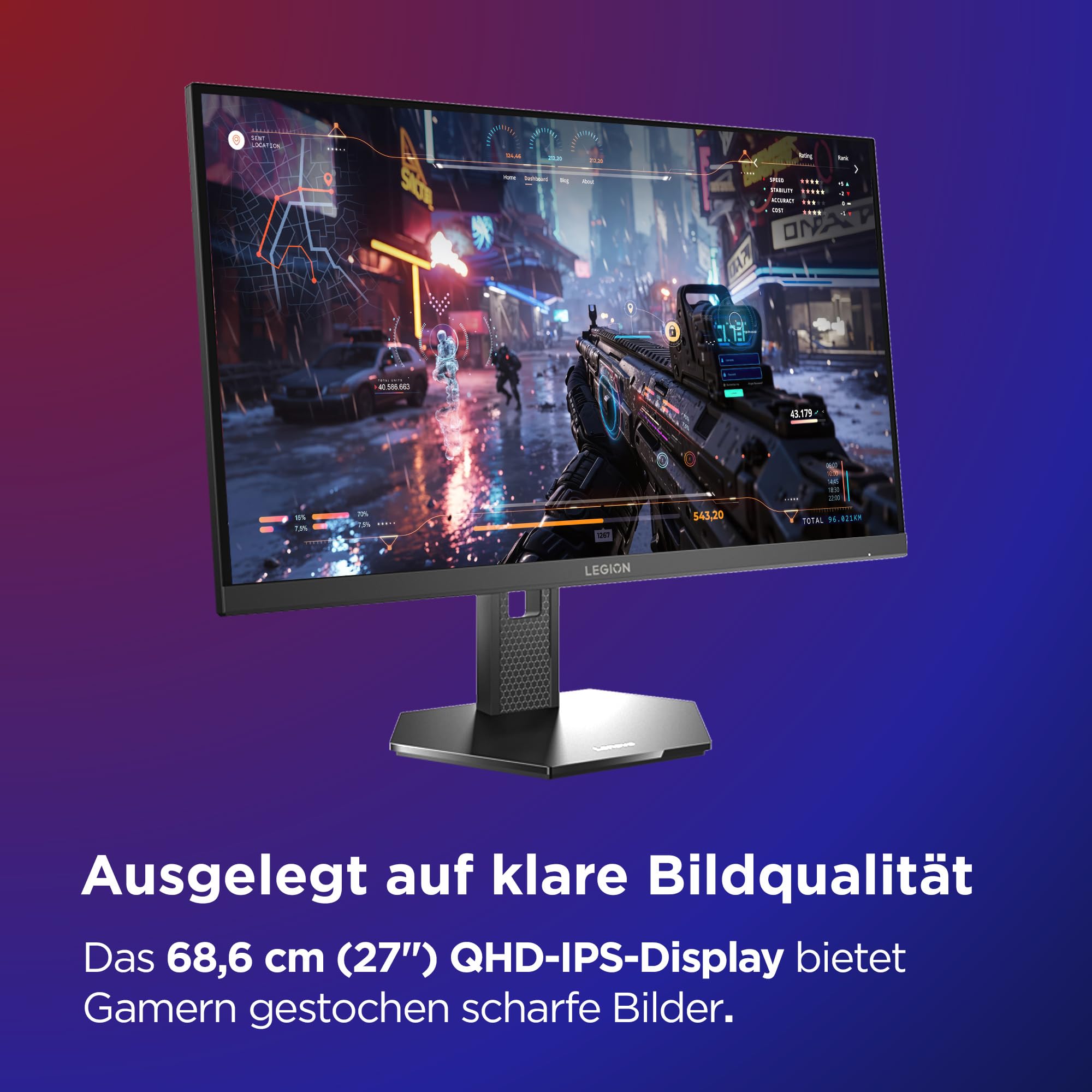 Lenovo Legion 27QD-10 | 27" QHD WLED Gaming Monitor | 2560x1440 | 16:9 | 240Hz | 0.5ms Reaktionszeit | USB-C | HDMI | USB-A | Jack 3.5mm | IPS-Panel | Standfuß | TÜV | schwarz | 5.6 kg 2