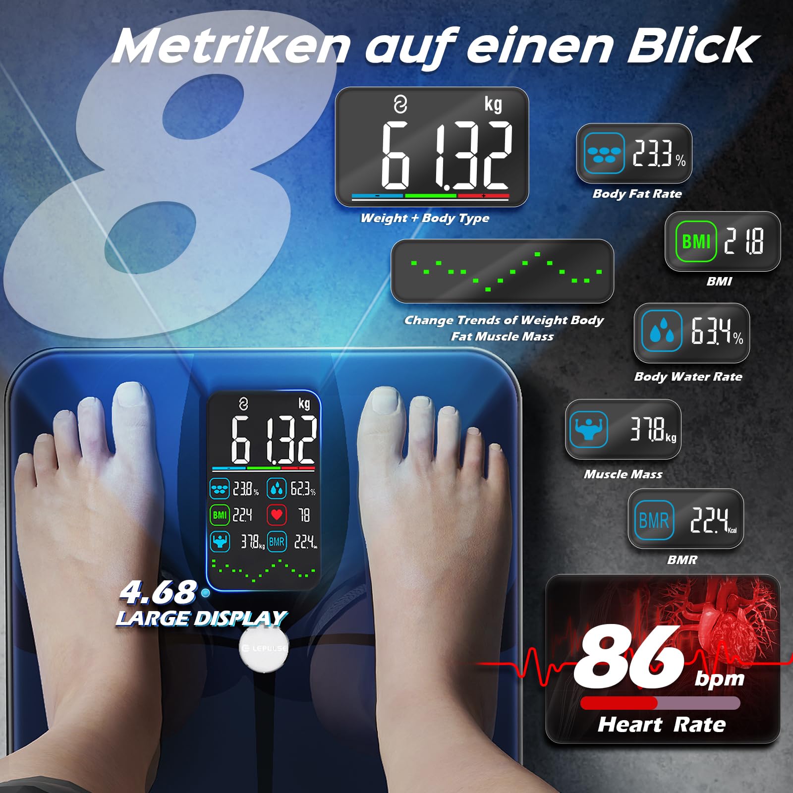 Lepulse Körperfettwaage F4 Pro, Aufladbar, Großes Display, Waage mit Körperfett und Muskelmasse, Personenwaage mit Körperfettanalyse, Trend, Körperwaage mit APP, Waage Personen, 22 Körpermaße 3