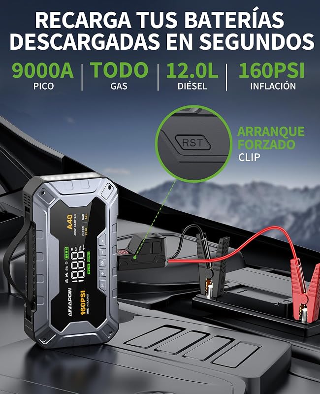 Arrancador de Coches 9000A con Compresor, 160PSI Inflador de Neumáticos, Jump Starter 12V, Arrancador de Baterias de Coche (Todo Gasolina o 12L Diésel), Pantalla LCD, Luz LED, USB-C Portátil