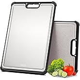Premium 316 Stainless Steel Cutting Board for Kitchen Extra Large 16.9" x 11.8" Best Non-Toxic Chopping Board for Meat Food-Grade Metal & Eco-Friendly Wheat Straw Dual-Sided Healthy Kitchen Essential
