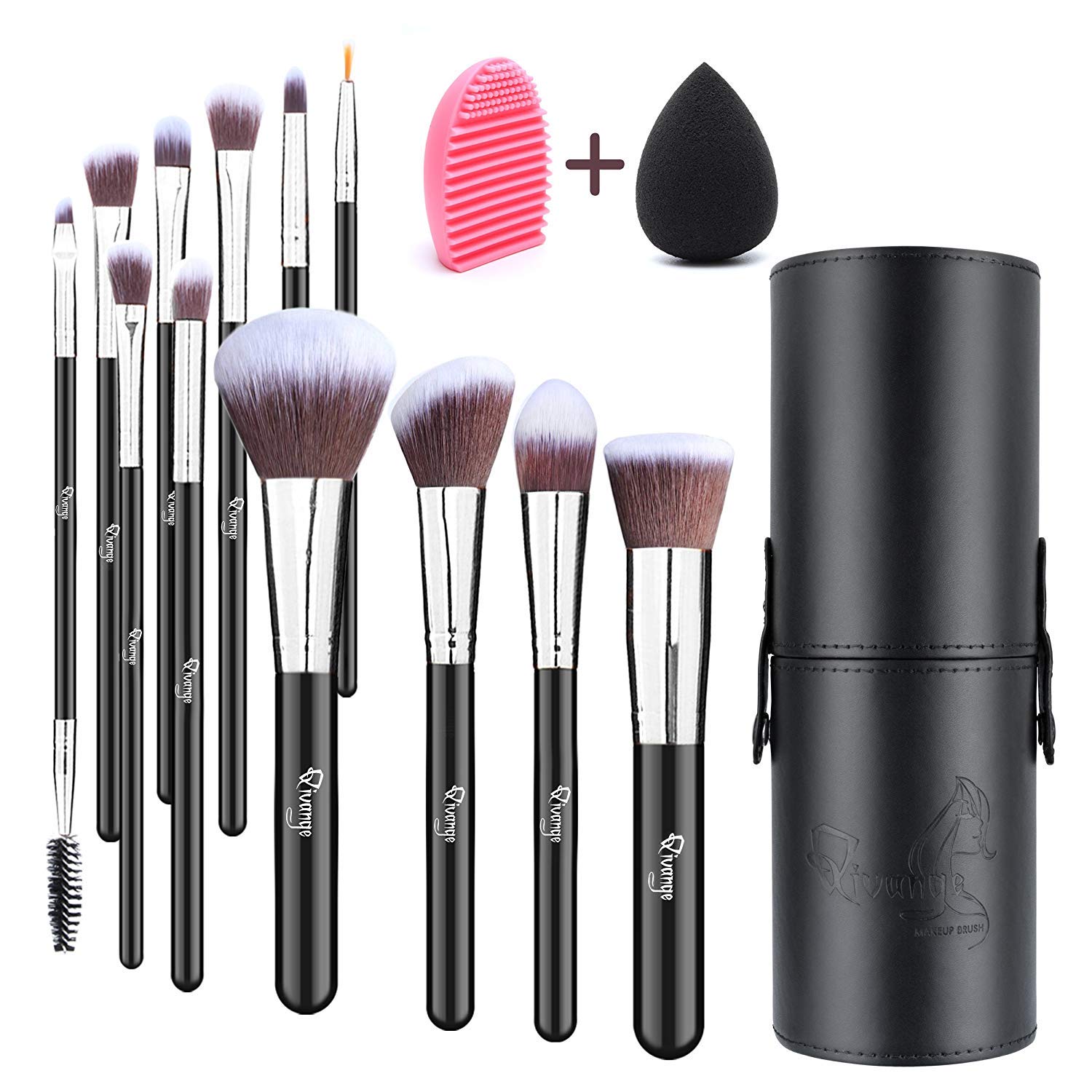 Makeup Brushes with Holder, Qivange Foundation Brush Contour Brush Eye Makeup Brushes Synthetic Makeup Brush Set with Blending Sponge and Makeup Brush Cleaner(12pcs, Black with Silver)