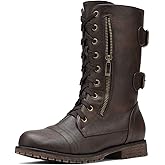 DREAM PAIRS Women's Mid Calf Built-in Wallet Pocket Lace up Military Combat Boots