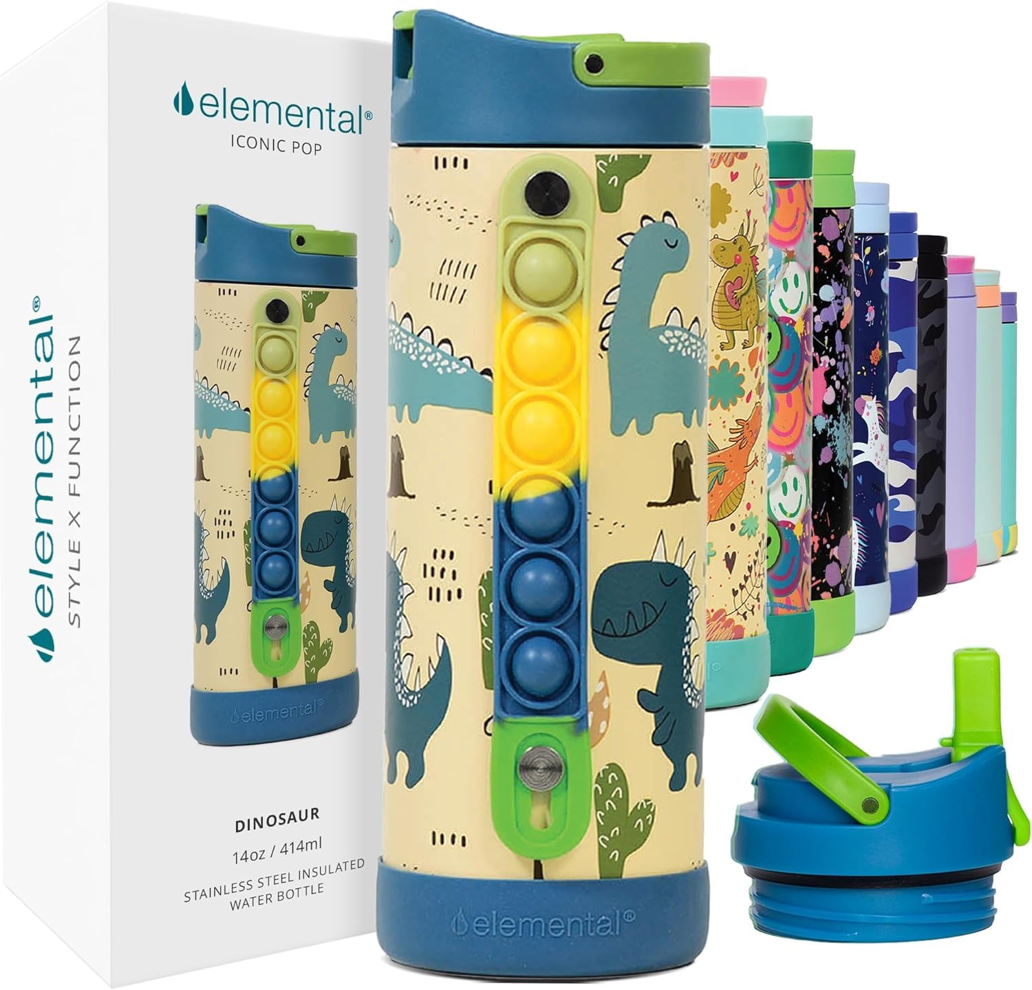Elemental Iconic 414ml Triple-Wall Insulated Water Bottle with Straw – Sports-Lid & Pop Fidget Handle – Leakproof Stainless Steel Sports Water Bottle for Hot & Cold Drinks – Dinosaur — image 1
