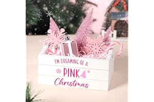 Huray Rayho Christmas Table Decor Tiered Tray Centerpiece with Mini Pink Christmas Tree Snowflake Candy Cane Basket Wooden Crate Set I'm Dreaming of A Pink Christmas Home Decorations Gifts for Women