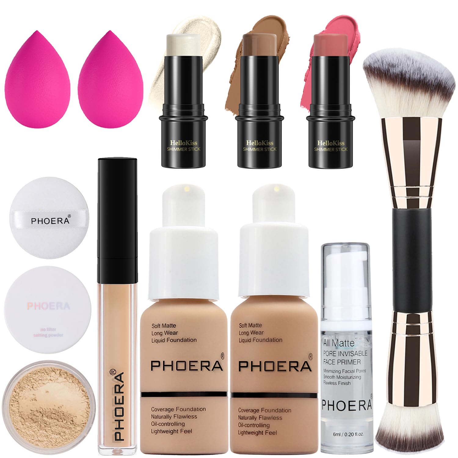 PHOERA Foundation 3-in-1 Contour Makeup Kit - Highlighter, Blush & Bronzer Sticks for Sculpting Cheeks (Light-Medium Contour/Buff Beige+Sand+#02,#10,#12)