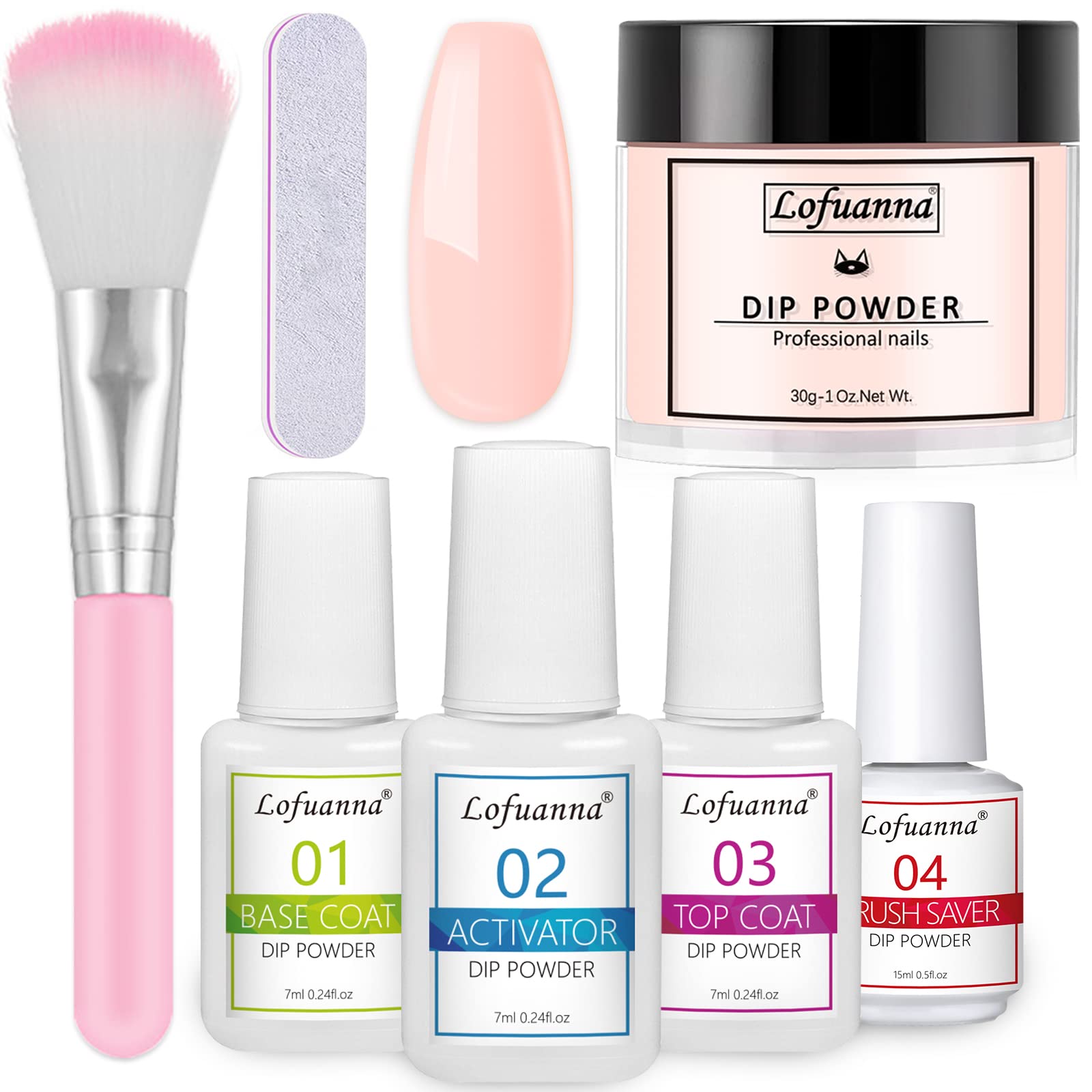 Lofuanna Dip Powder Nail Kit Starter - Nude Pink Dipping Powder with Base & Top Coat & Activator & Brush Saver, No UV/LED Needed, DIY French Nail Art Manicure, Easy to Apply for Home or Salon Use