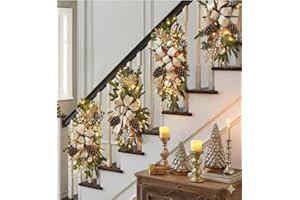 MAELSTROM 2025 Cordless Christmas Swags Artificial Stairs Christmas Garland with Prelit Teardrop Swag and 30 Lights Rustic Christmas Swag for Front Door Wall Window Stair Home Decor (Gold with Pinecone)