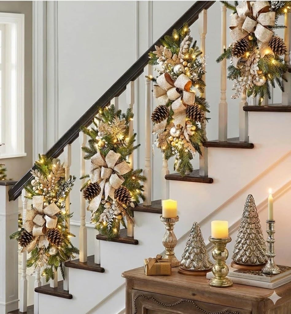 Photo 1 of 2025 Cordless Christmas Swags Artificial Stairs Christmas Garland with Prelit Teardrop Swag and 30 Lights Rustic Christmas Swag for Front Door Wall Window Stair Home Decor (Gold with Pinecone)