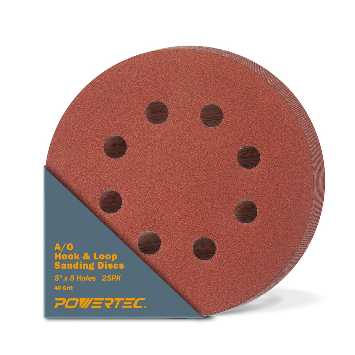 Photo 1 of POWERTEC 25PK, 40 Grits, Sanding Discs 5 Inch - Hook and Loop, 5 Inch 8 Hole Aluminum Oxide Sandpaper Discs, Woodworking Sanding Pads for Random Orbital, Palm, Air, DA & Pneumatic Sander (45004)