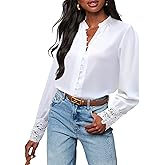 Neweek Womens Button Down Shirts Lace Cuff Long Sleeve Chiffon Dressy Tops Band Collar Fall Business Casual Blouses 2025