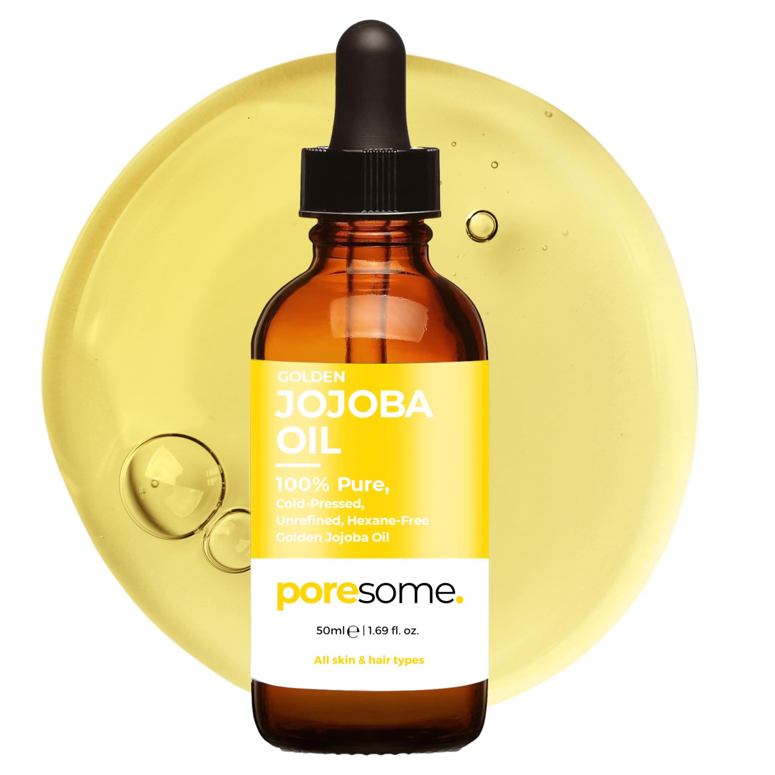 Poresome Golden Jojoba Oil for Hair & Skin - 100% Pure, Cold Pressed, Unrefined, Hexane Free - Vegan, Cruelty & Fragrance Free - UK Made - 50ml